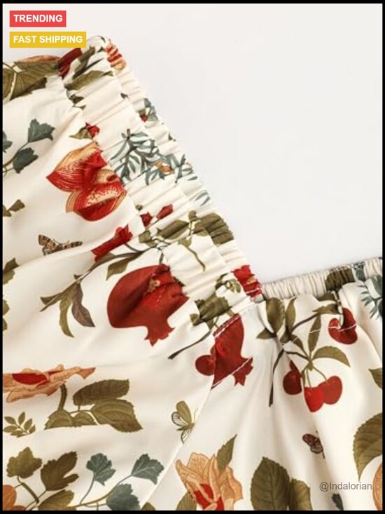 Plus Size Square Neck Puff Sleeve Floral Fruit Midi Dress - Picture 3 of 6